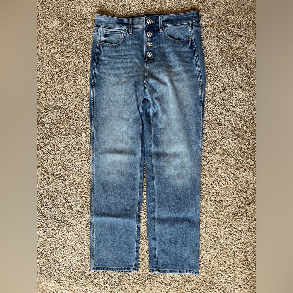 High-Rise Sculpt Jewel Button Straight Ankle Jeans